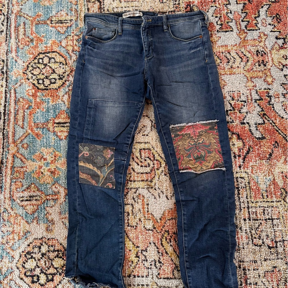 Anthropologie Dark Blue Jeans with Patchwork